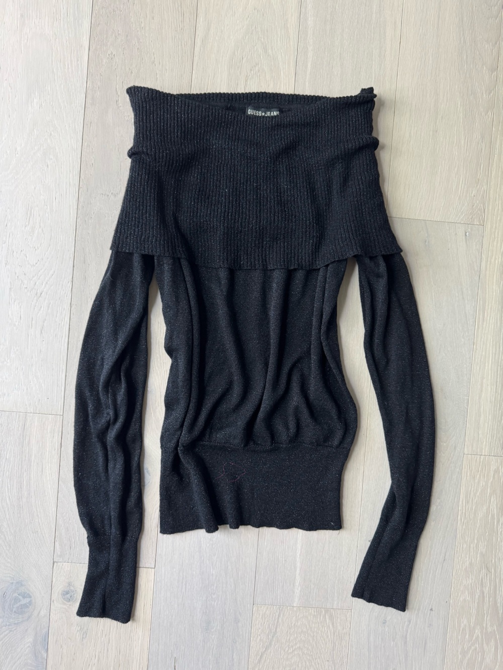 black sparkly off shoulder guess sweater